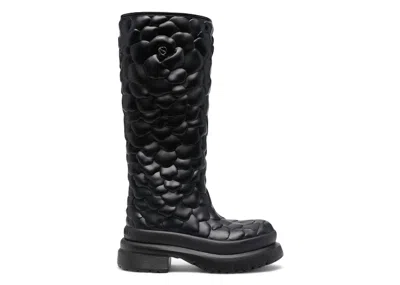 Pre-owned Valentino Garavani Garavani Atelier Floralembossed Midcalf Rain Boots (women's) Sneakers In Black
