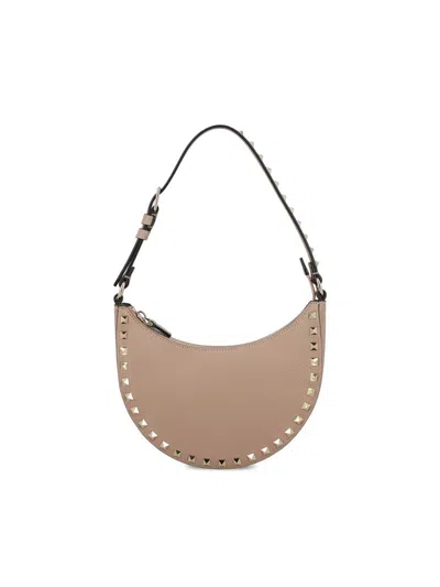 Valentino Garavani Mini Rockstud Hobo Bag In Grainy Calfskin Woman Poudre Uni In Pink