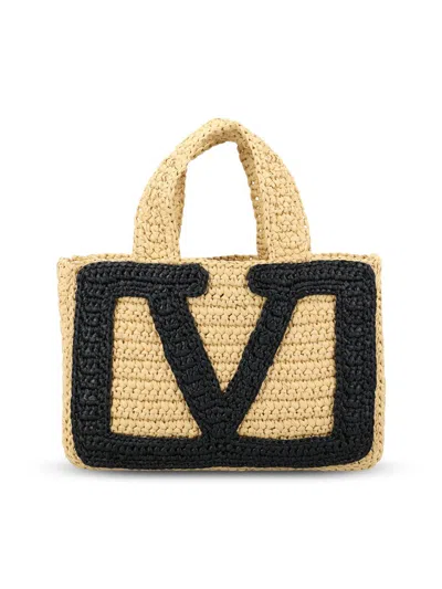 Valentino Garavani Small Tote Viva Superstar Crochet Rafia In Neutral