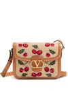 Valentino 9t05 Cherry-jacquard Raffia And Leather Cross-body Bag In Black