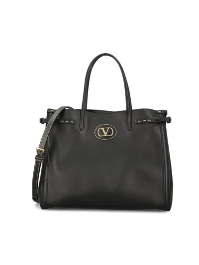 Valentino Garavani Borsa Tote In Pelle Nera Con Manici E Tracolla In Black