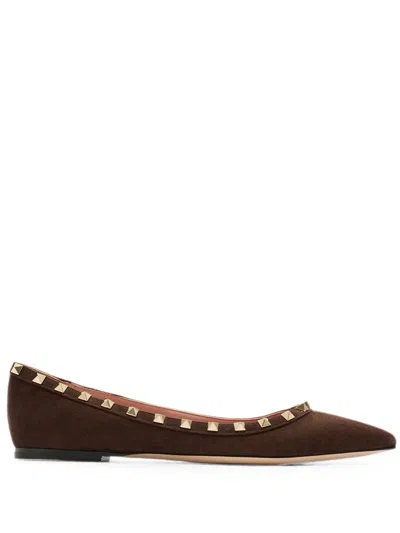 Valentino Garavani Ballerine Rockstud In Camoscio Marroni In Brown