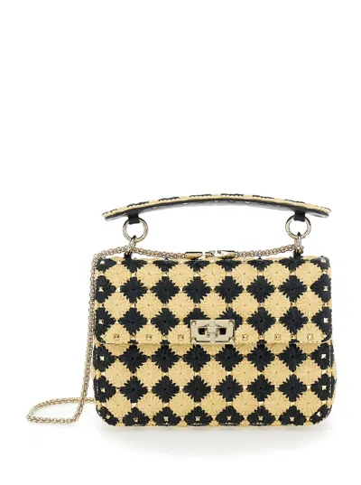 Valentino Garavani Beige Crossbody Bag With Rockstud Embellishment And Check Floral Motif In Tech Fa In Multicolor