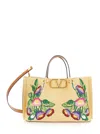 Valentino Garavani Beige Handbag With Metallic Vlogo On The Front And Floral Embroidery In Raffia Wo