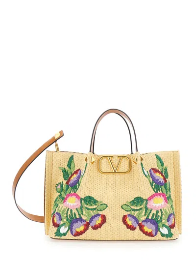 Valentino Garavani Beige Handbag With Metallic Vlogo On The Front And Floral Embroidery In Raffia Wo