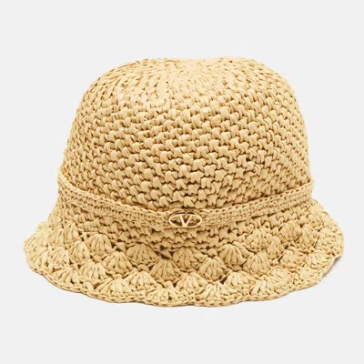 Pre-owned Valentino Garavani Garavani Beige Logo Embellished Crochet Bucket Hat Size M/l