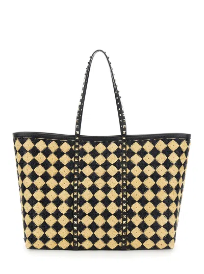 Valentino Garavani Beige Shopper With All-over Diamond Pattern And Applied Rockstud Studs In Synthet In Multicolor