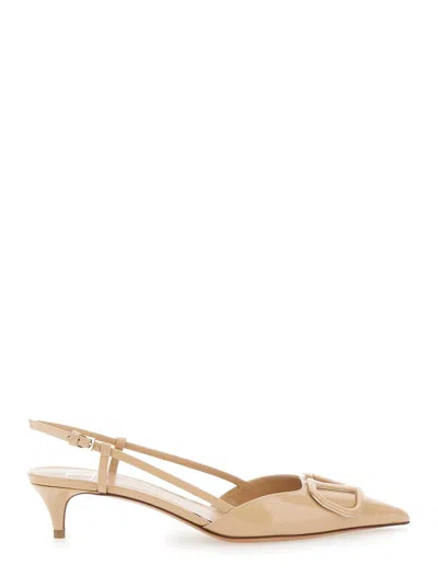 Valentino Garavani Beige Slingback Pumps With Vlogo Plaque And Low Stiletto Heel In Leather Woman