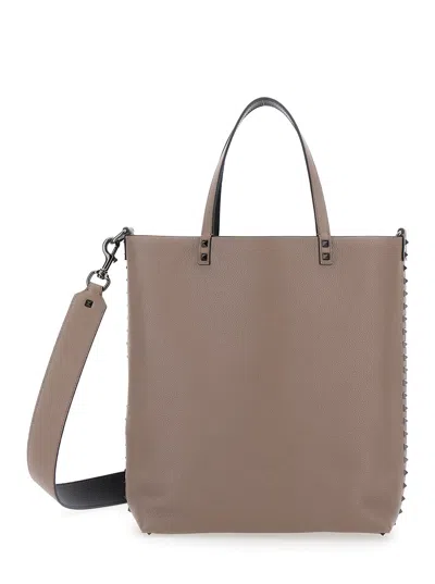 Valentino Garavani Beige Tote Bag With Rockstuds In Grained Leather Man In Multicolor
