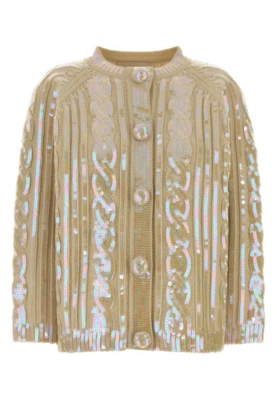 Valentino Wool Cardigan Cable Knit V Neck Sequins In Neutral