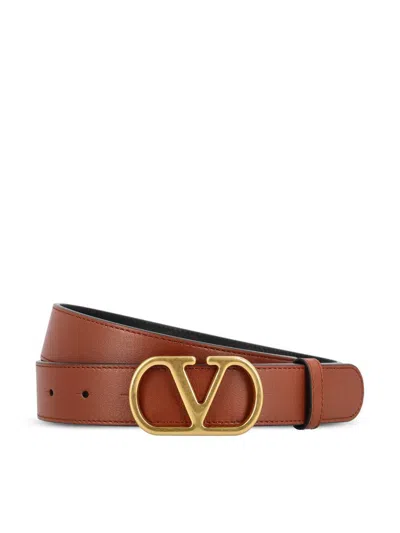 Valentino Garavani Dark Pink Leather Vlogo Belt In Deep Caramel
