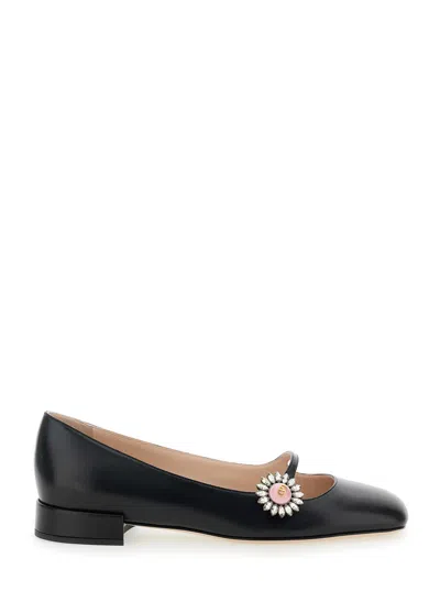 VALENTINO GARAVANI VALENTINO GARAVANI BLACK BALLET SHOES WITH FLORAL DETAIL WITH VLOGO IN LEATHER WOMAN