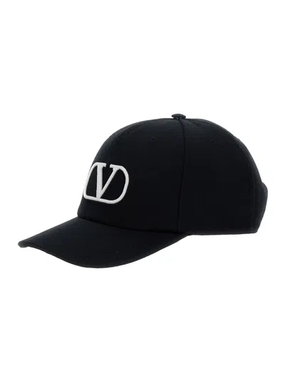 Valentino Garavani Black Baseball Cap With Embroidered V Logo On Front In Cotton Man In Multicolor