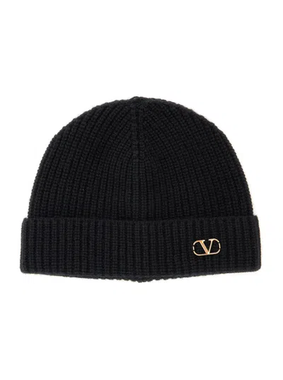 Valentino Garavani Black Beanie With Vlogo Detail In Cashmere Man In Multicolor