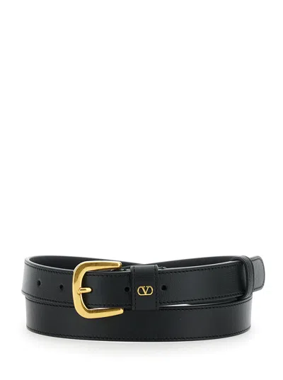 Valentino Garavani Black Belt With Vlogo On The Front In Leather Man In Multicolor