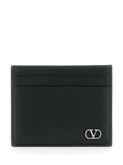 Valentino Garavani Black Card Holder With Metallic Vlogo On The Front In Black Hammered Leather Man