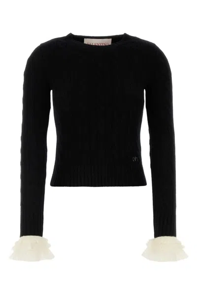 Valentino Ruffle-trimmed Embellished Cable-knit Cashmere Sweater In Schwarz