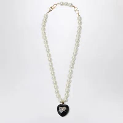 Valentino Garavani Black Coeur Royal Pearl Necklace In Neutral