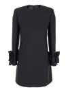 Valentino Garavani Black Crewneck Short Dress With Floral Detail In Wool Woman In Multicolor