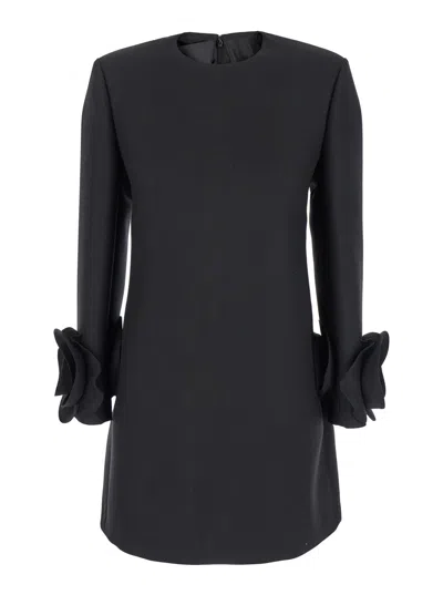 Valentino Garavani Black Crewneck Short Dress With Floral Detail In Wool Woman In Multicolor