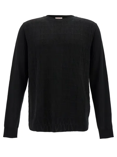 Valentino Garavani Black Crewneck Sweater With Tonal Vlogo Print In Wool Blend Man In Multicolor