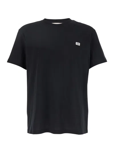 Valentino Garavani Black Crewneck T-shirt With Logo Patch On The Front In Cotton Man
