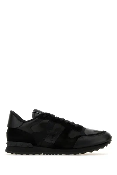 Valentino Garavani Black Fabric And Leather Rockrunner Camouflage Sneakers In White