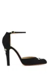 Valentino Floral Embroidered Round Toe Ankle Strap Pumps In Black