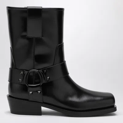 VALENTINO GARAVANI BLACK LEATHER BIKER ROCKSTUD LOW BOOT