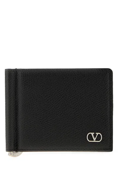Valentino Garavani Black Leather Card Holder In Orange