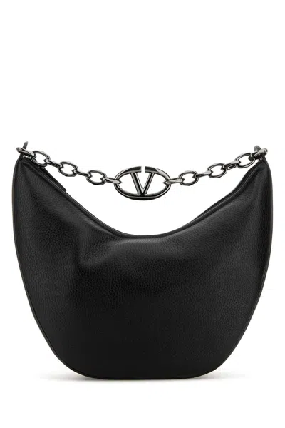 Valentino Garavani Black Leather Hobo V Logo Moon Shoulder Bag