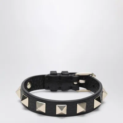 Valentino Garavani Black Leather Rockstud Bracelet With Gold-tone Studs