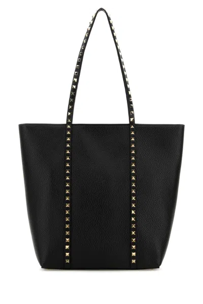 Valentino Garavani Black Leather Rockstud Shopping Bag In Nero