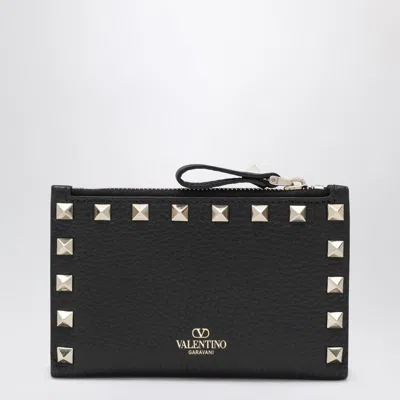 Valentino Garavani Black Leather Rockstud Zip Card Holder