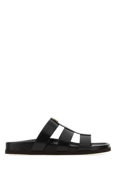 Valentino Garavani Black Leather V Logo Slippers