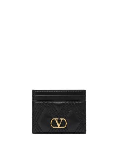 Valentino Garavani Black Leather Wallet In Neutral