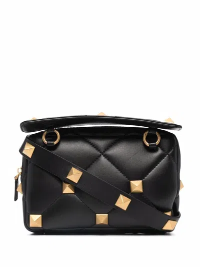 Valentino Garavani Black Nappa Leather Roman Stud Handbag In Gray