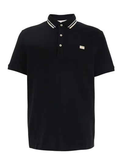 Valentino Garavani Black Polo Shirt With Classic Bicolor Collar And Logo Patch On The Front In Cotto