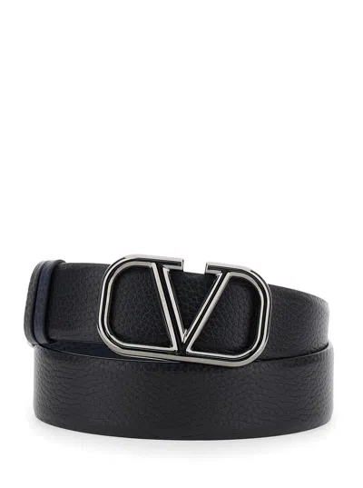 Valentino Garavani Black Reversible Belt With Vlogo Buckle On The Front In Hammered Leather Man In Multicolor