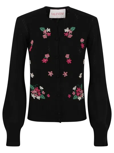 Valentino Wool Floral Embroidered Balloon Sleeve Cardigan In Black