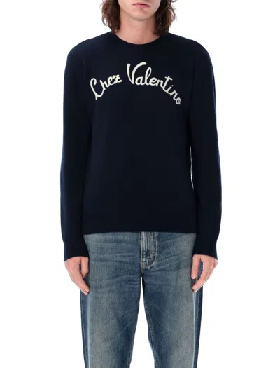 Valentino Garavani Black Virgin Wool Sweater With Classic Crew Neck In Blue