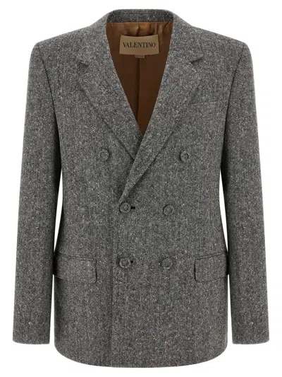 Valentino Double Breasted Tweed Blazer Jacket In Gray