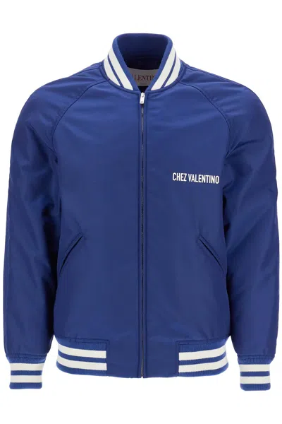 Valentino Garavani Blue Bomber Jacket In Printed Polyamide With Zip And High Collar Men