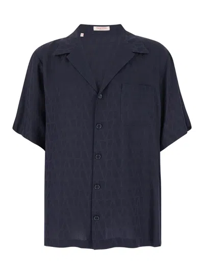 Valentino Garavani Blue Bowling Shirt In Toile Iconographe Silk Man