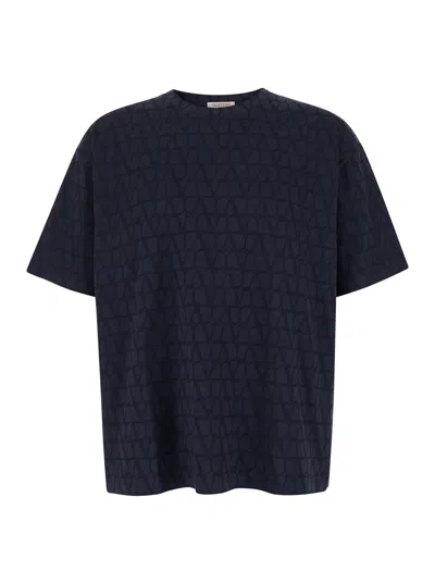 Valentino Garavani Blue Crewneck T-shirt With Tonal Vlogo Print In Cotton Man In Multicolor