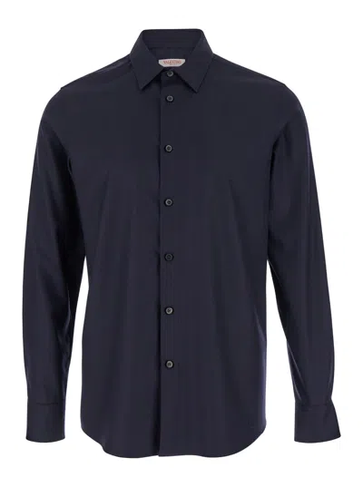 Valentino Garavani Blue Shirt With Classic Collar In Wool Blend Man