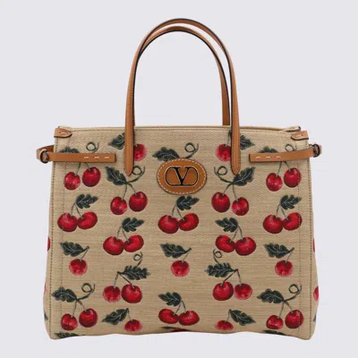 Valentino Garavani Valentino Antibes Small Cherryfic Leather-trim Tote In Brown