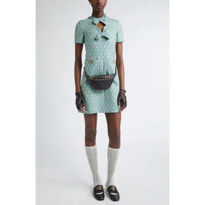 Valentino Garavani Bow Detail Metallic Jacquard Minidress In Blue