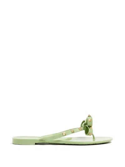 Valentino Garavani Bow Flat Sandals With Platinum-finish Studs And 5mm Heel In Green