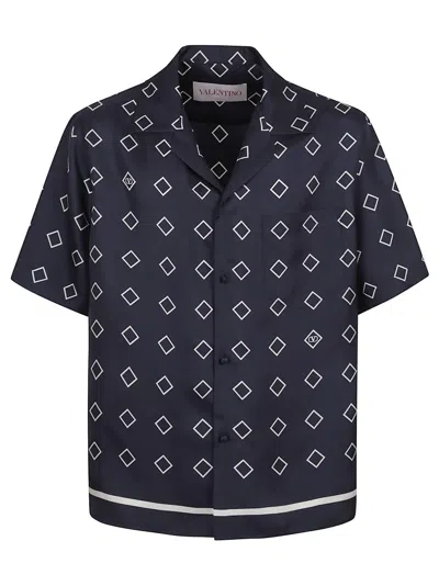 Valentino Garavani Bowling-style Silk Shirt With Opticool Print In Se Blu Burro